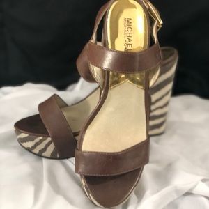 Chunky Heeled, Chocolate Brown, Zebra Print Sandals, by Michael Kors